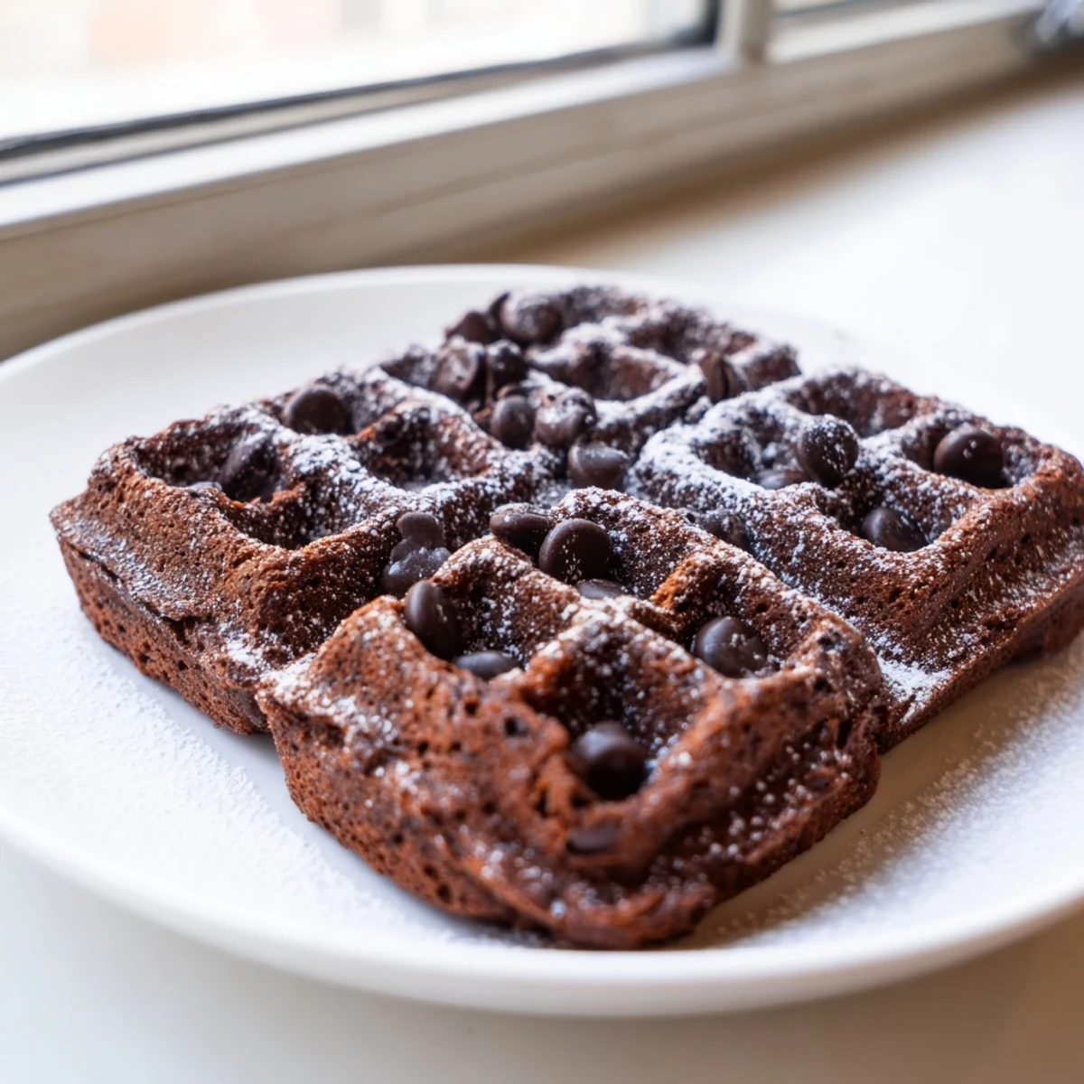 Thick chocolate batter pressed into a waffle iron making rich fudgy brownie waffles