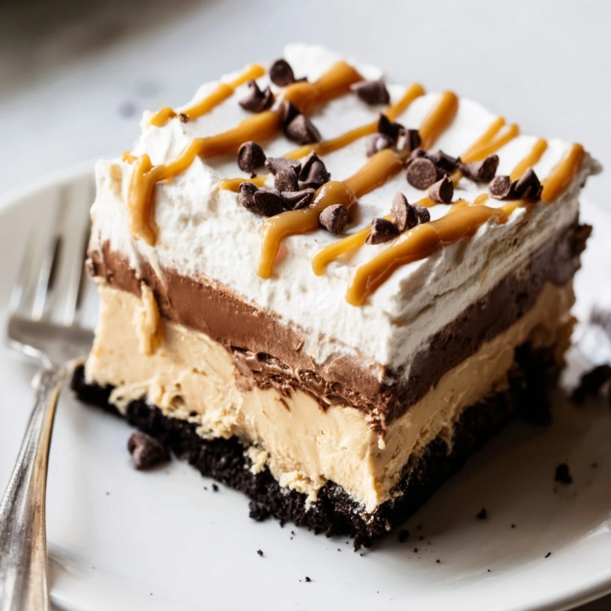 Creamy peanut butter layered delight with rich chocolate pudding and whipped topping