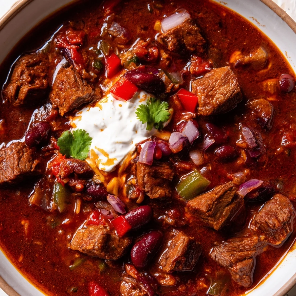 Steaming bowl of beefy chili stew topped with sour cream and fresh cilantro