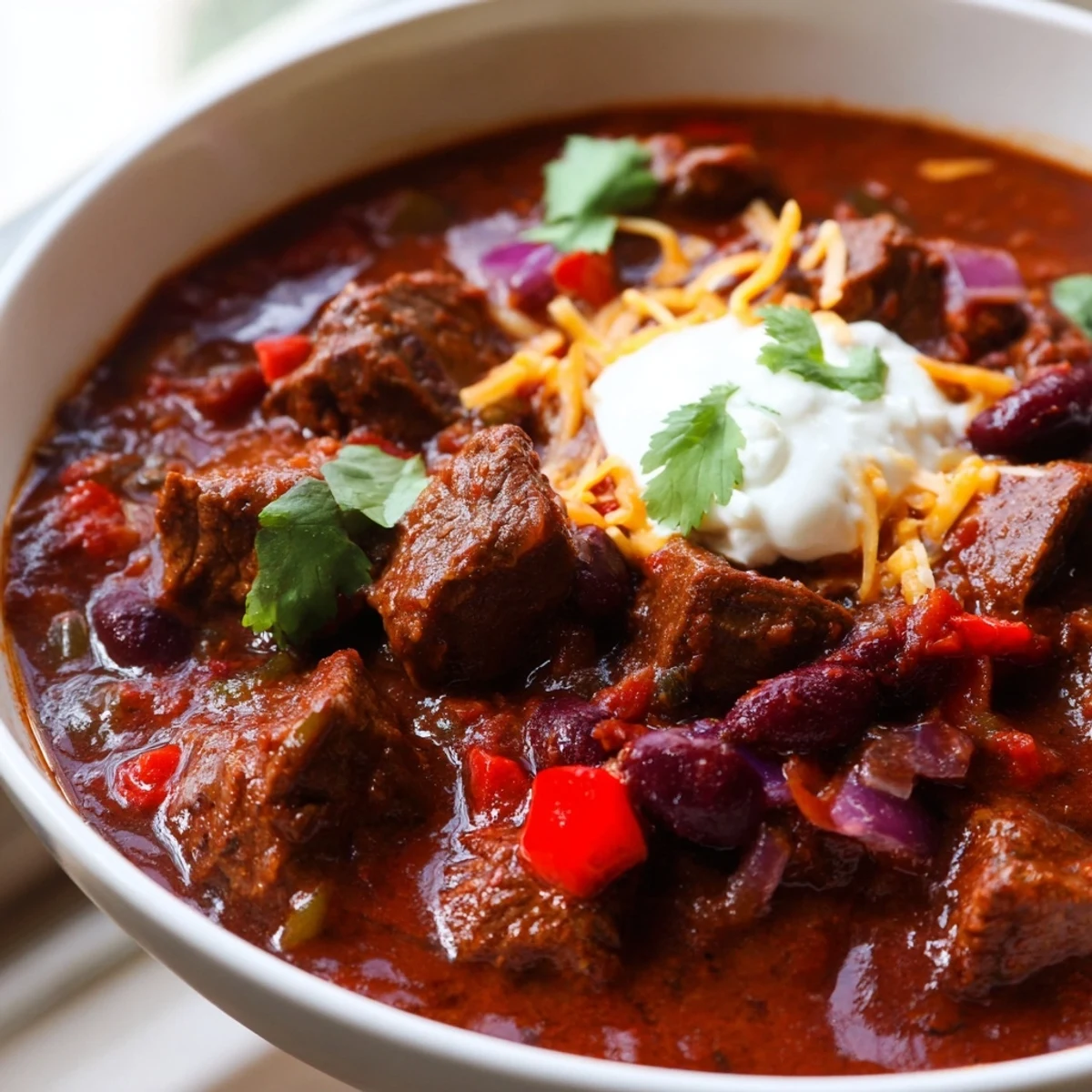 Thick beefy chili stew loaded with tender beef chunks beans and rich tomato broth