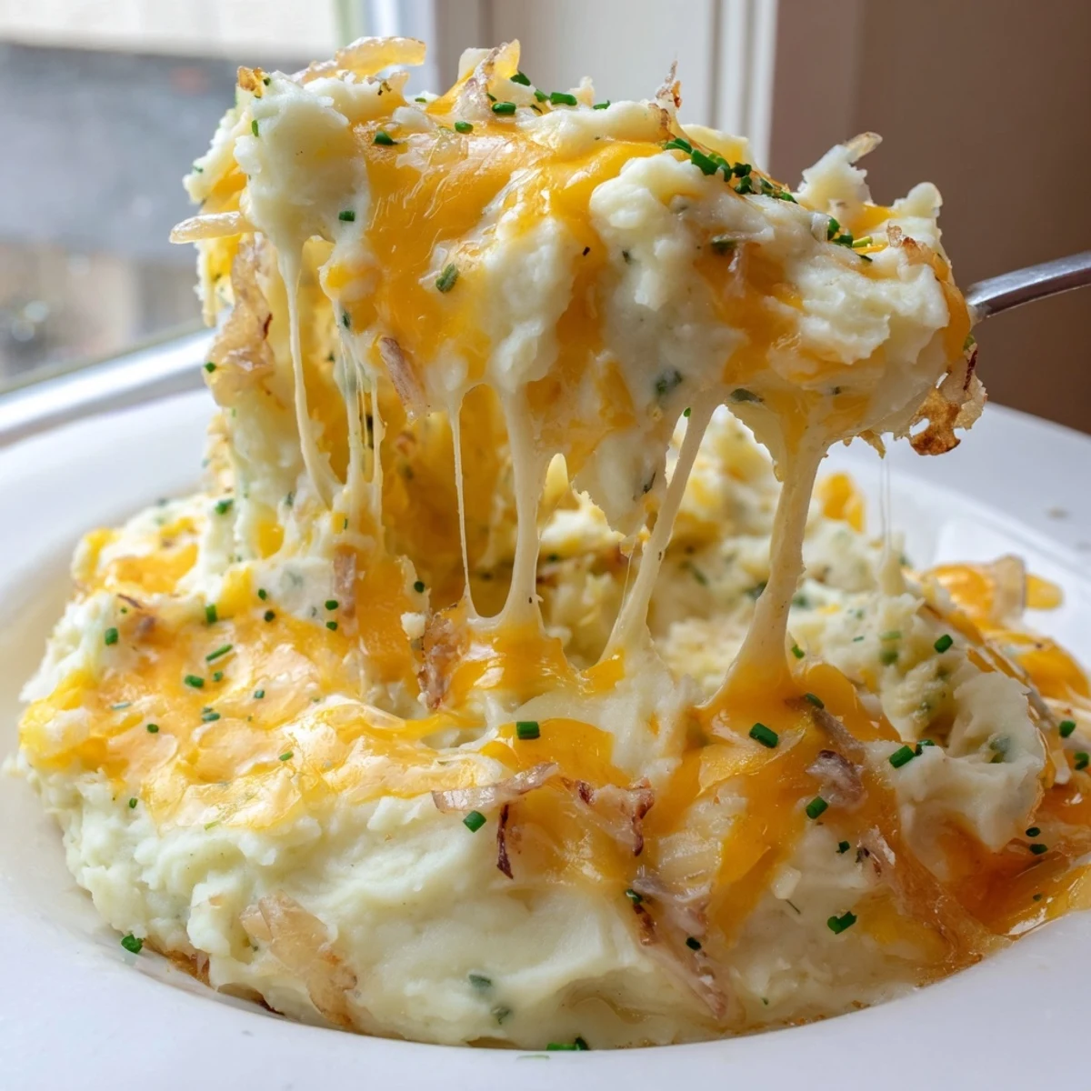 Golden bubbling cheesy onion mashed potato casserole fresh from the oven with melted cheddar