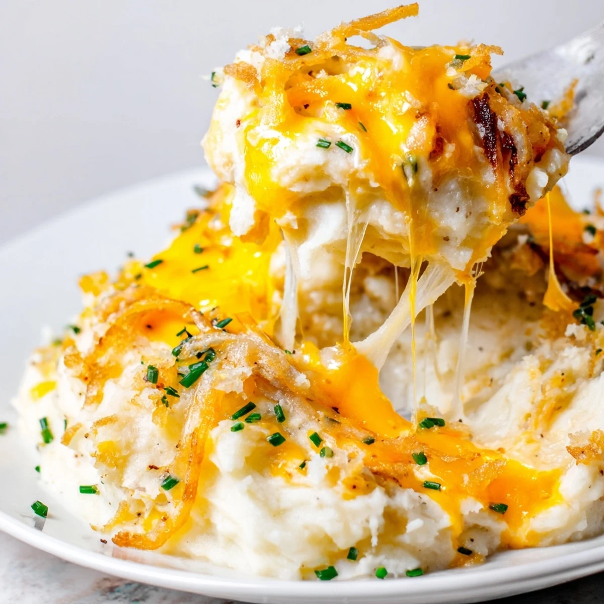 Creamy cheesy onion mashed potato casserole topped with caramelized onions in a baking dish