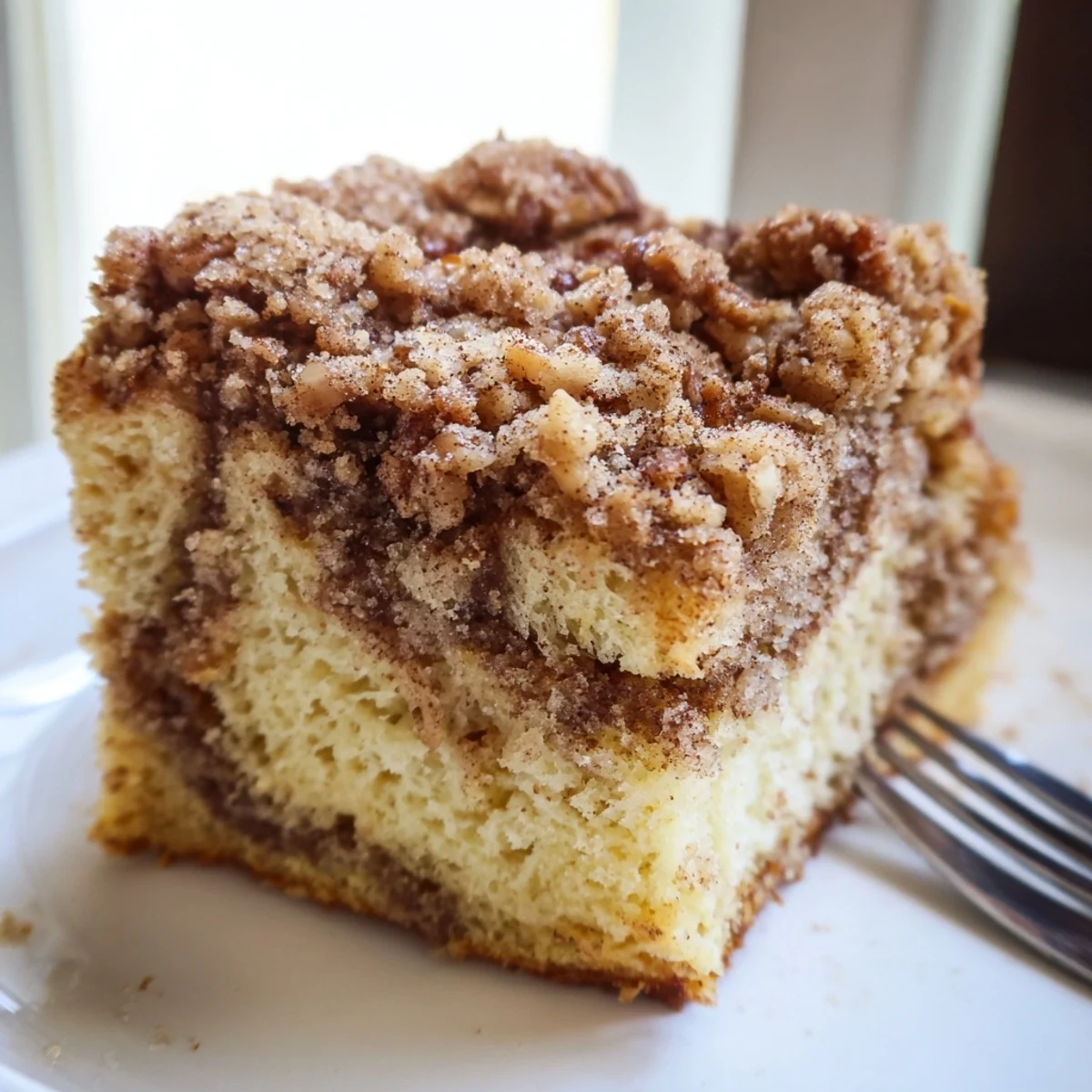 Warm slice of cinnamon pecan crunch coffee cake topped with golden crumbly pecans