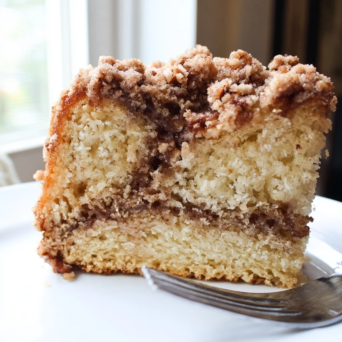 Cinnamon pecan crunch coffee cake served on a rustic plate beside fresh coffee