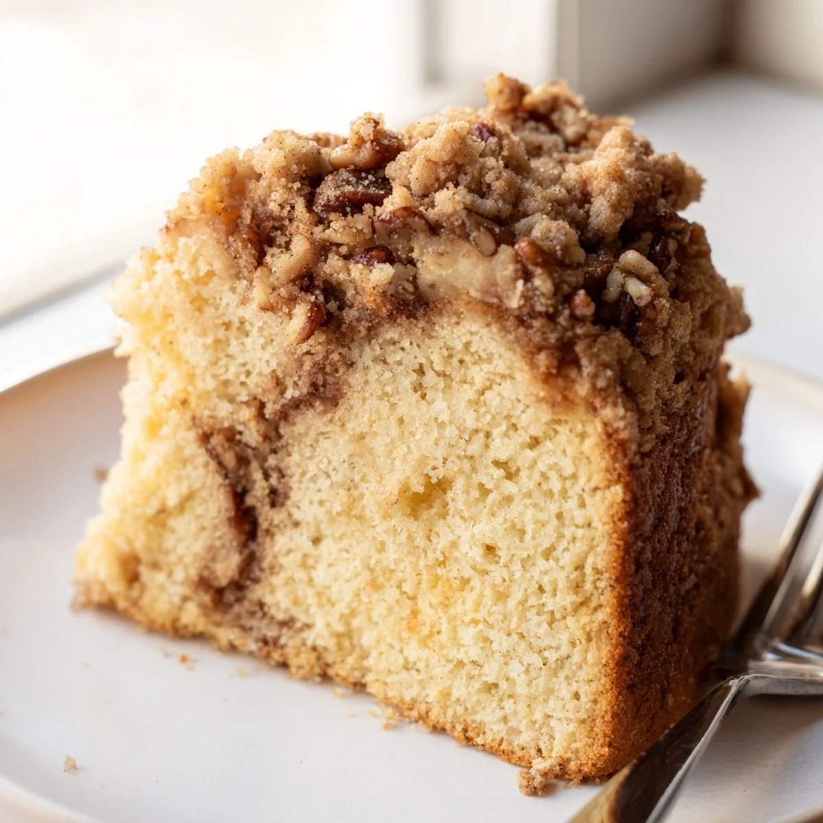 Moist cinnamon pecan crunch coffee cake fresh from the oven with cinnamon swirls