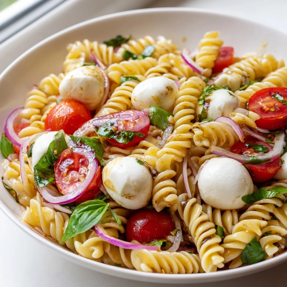 Steaming bowl of Caprese pasta salad drizzled with glossy balsamic vinaigrette and torn basil