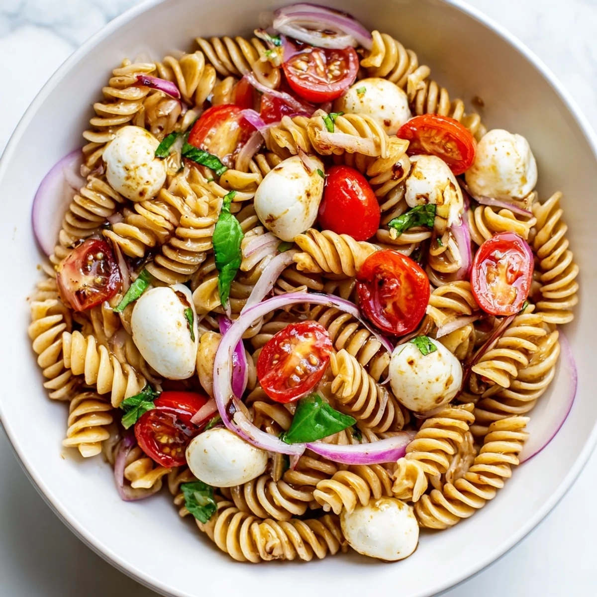 Colorful Caprese pasta salad with ripe cherry tomatoes, creamy mozzarella, and fresh basil leaves