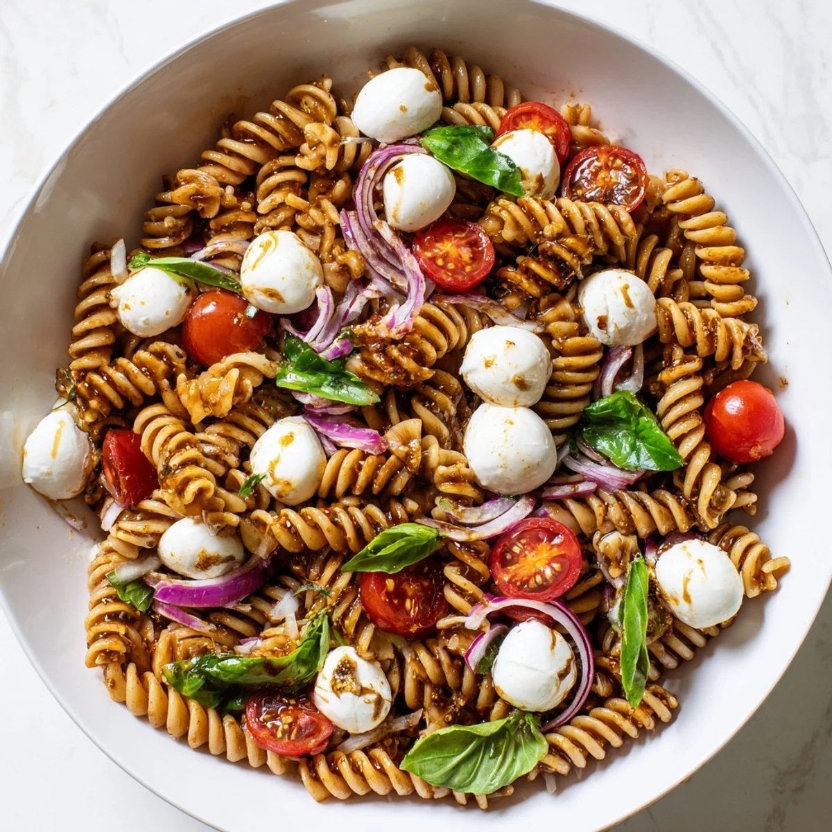 Caprese pasta salad served on a rustic wooden board with juicy tomatoes and melted mozzarella