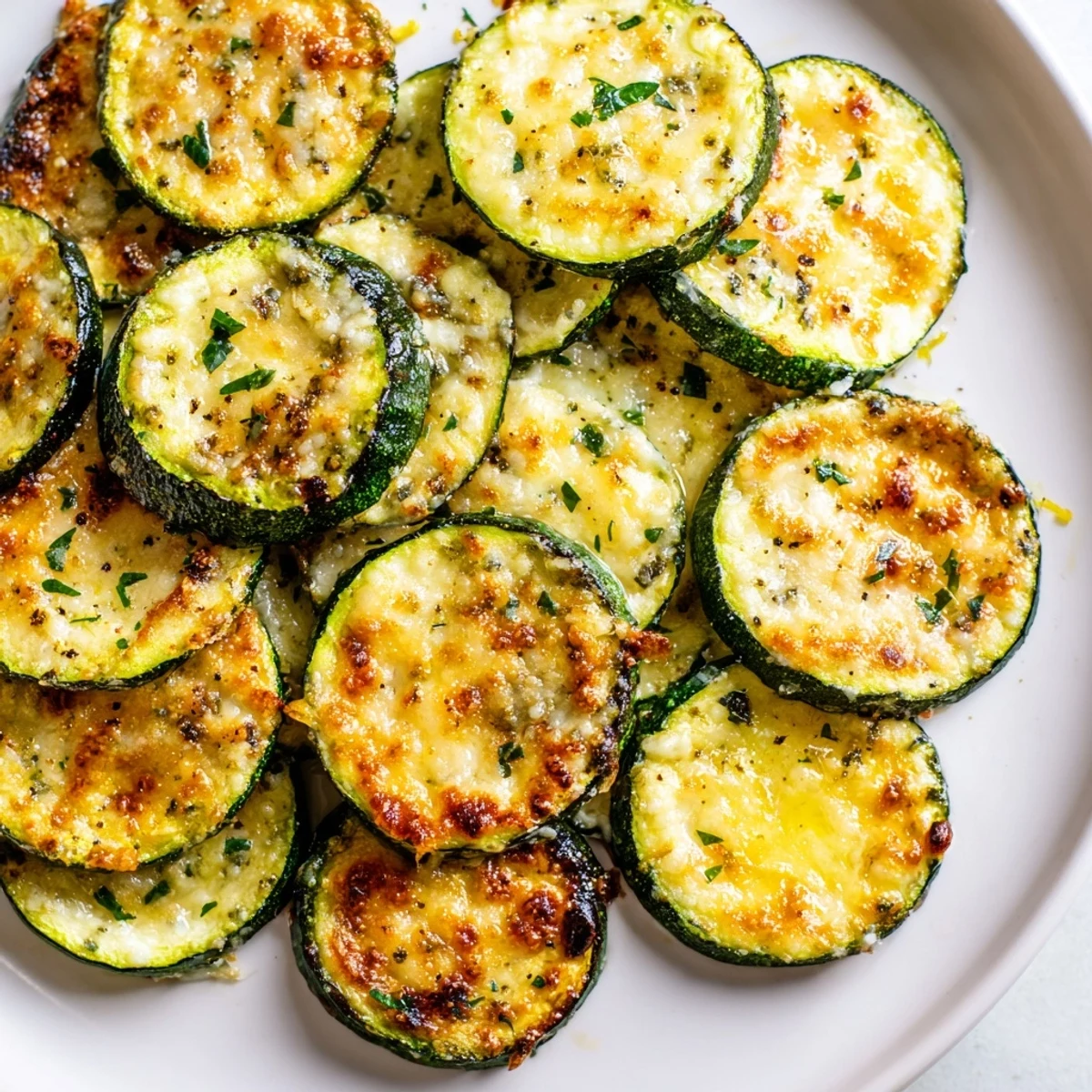 Tender zucchini rounds glistening with olive oil topped with zesty lemon pepper and Parmesan