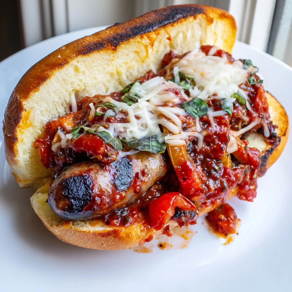 Grilled sausage grinders loaded with smoky tomato sauce on toasted hoagie rolls