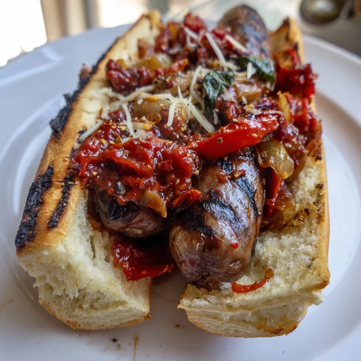 Toasted grinder rolls stuffed with juicy Italian sausages and smoky grilled vegetables