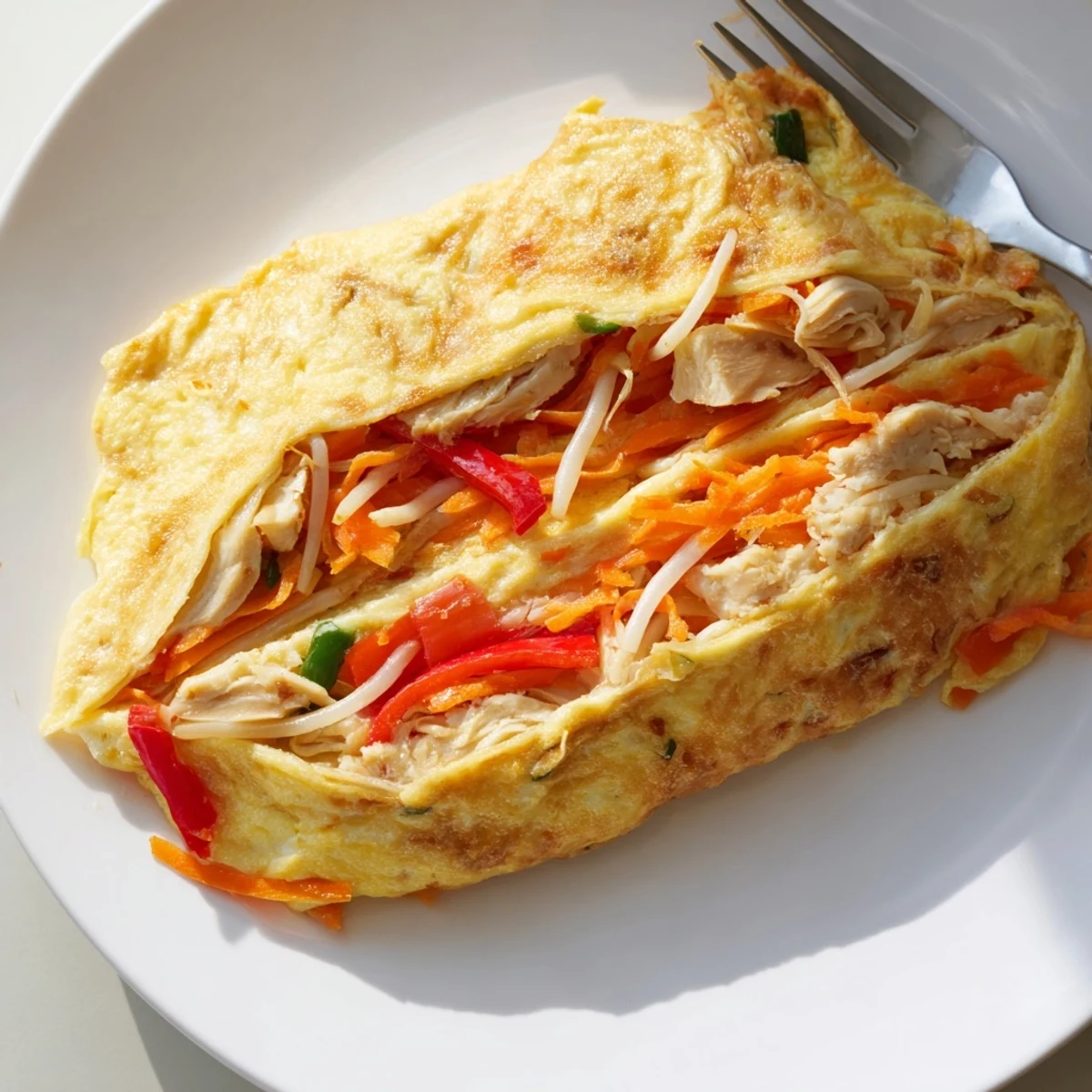 Golden Chinese omelette folded over crisp vegetables and tender shredded chicken