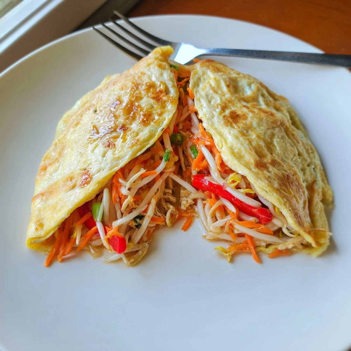 Fluffy Chinese omelette filled with colorful bell peppers and bean sprouts