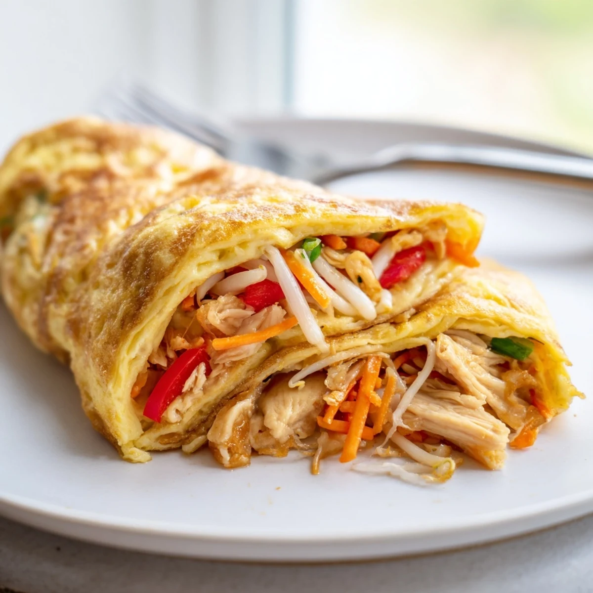 Savory Chinese omelette with julienned carrots and chicken served on a white plate