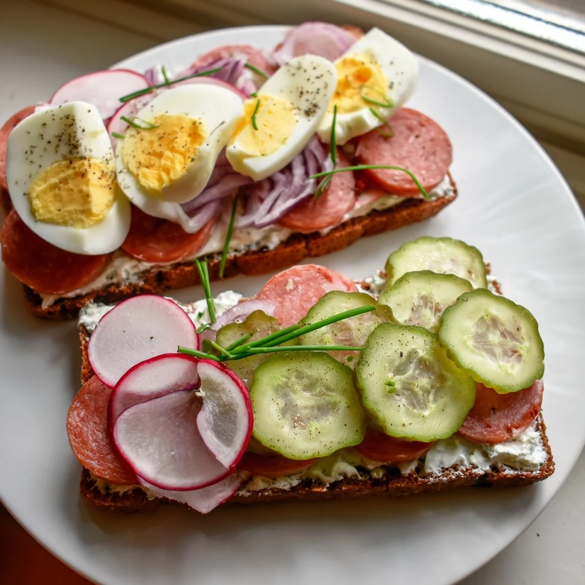 Colorful open faced Polish sandwiches arranged on a wooden board with fresh toppings