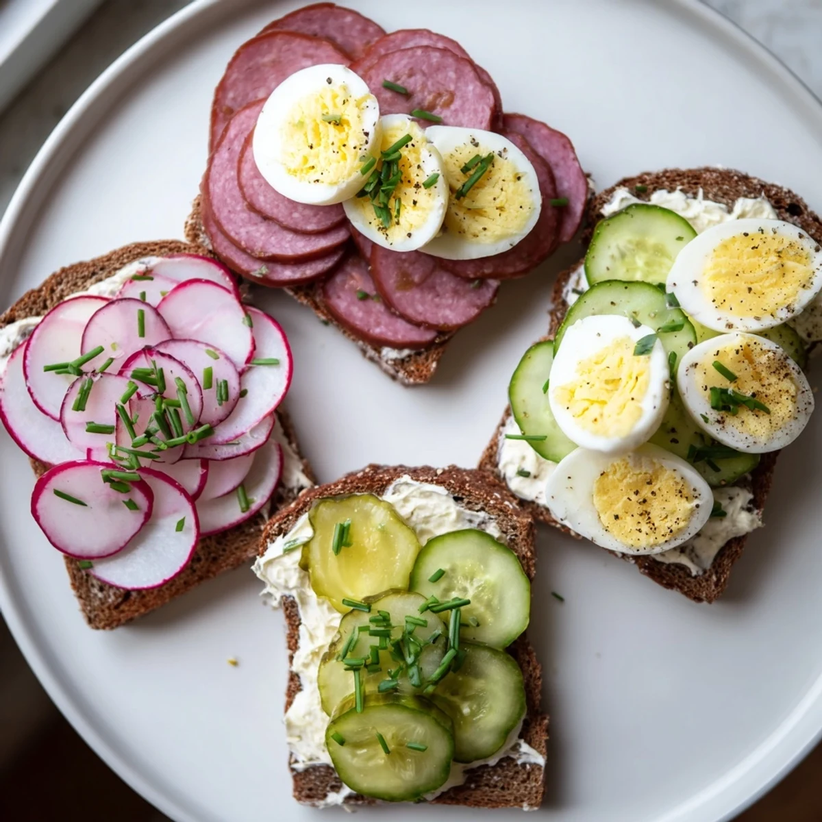 Crispy rye bread topped with kielbasa, radishes, and chives for open faced Polish sandwiches