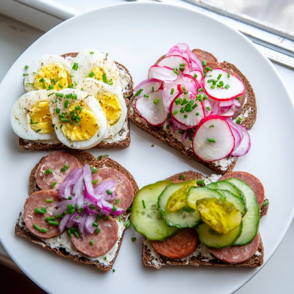 Creamy butter spread beneath layers of ham, egg, and cucumber on open faced Polish sandwiches