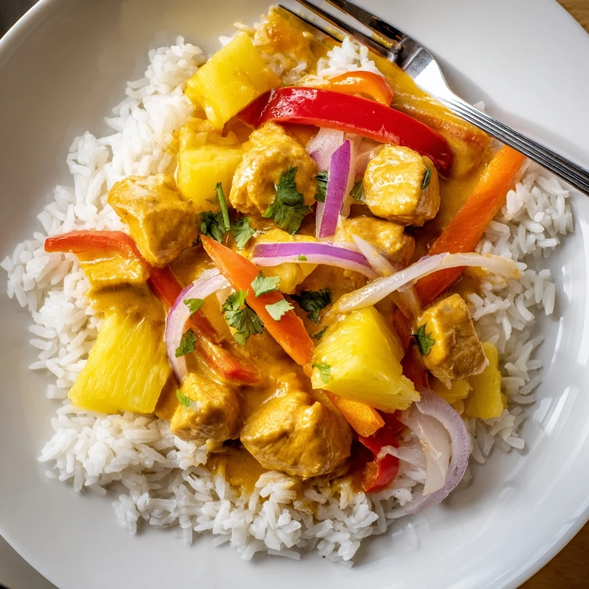 Golden chicken and pineapple in coconut lime sauce over steamed jasmine rice