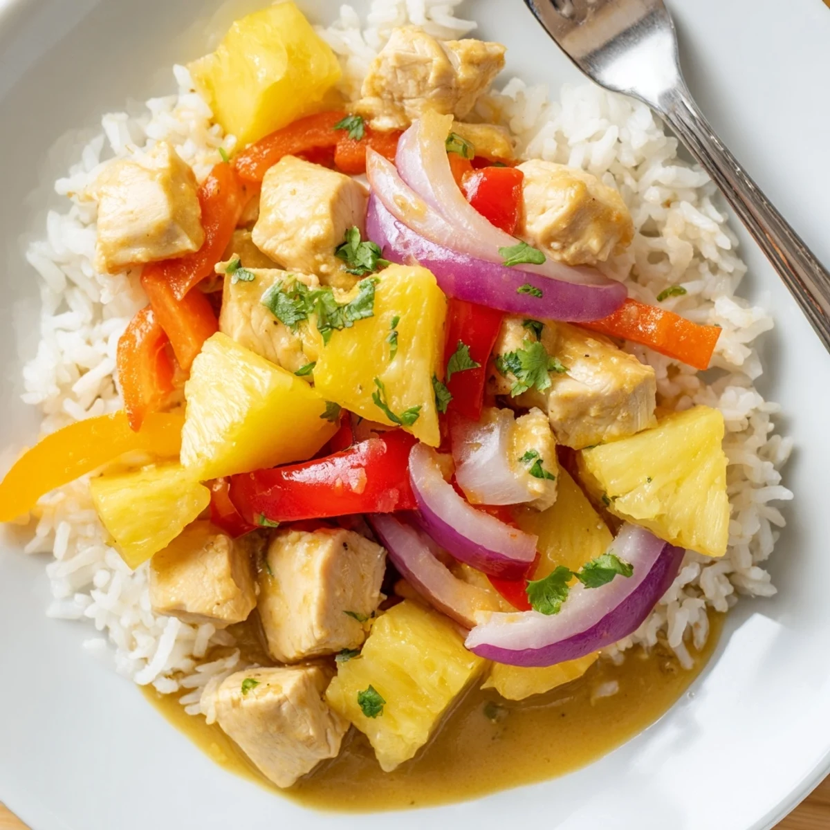 Juicy chicken tossed with fresh pineapple chunks and vibrant peppers in turmeric sauce