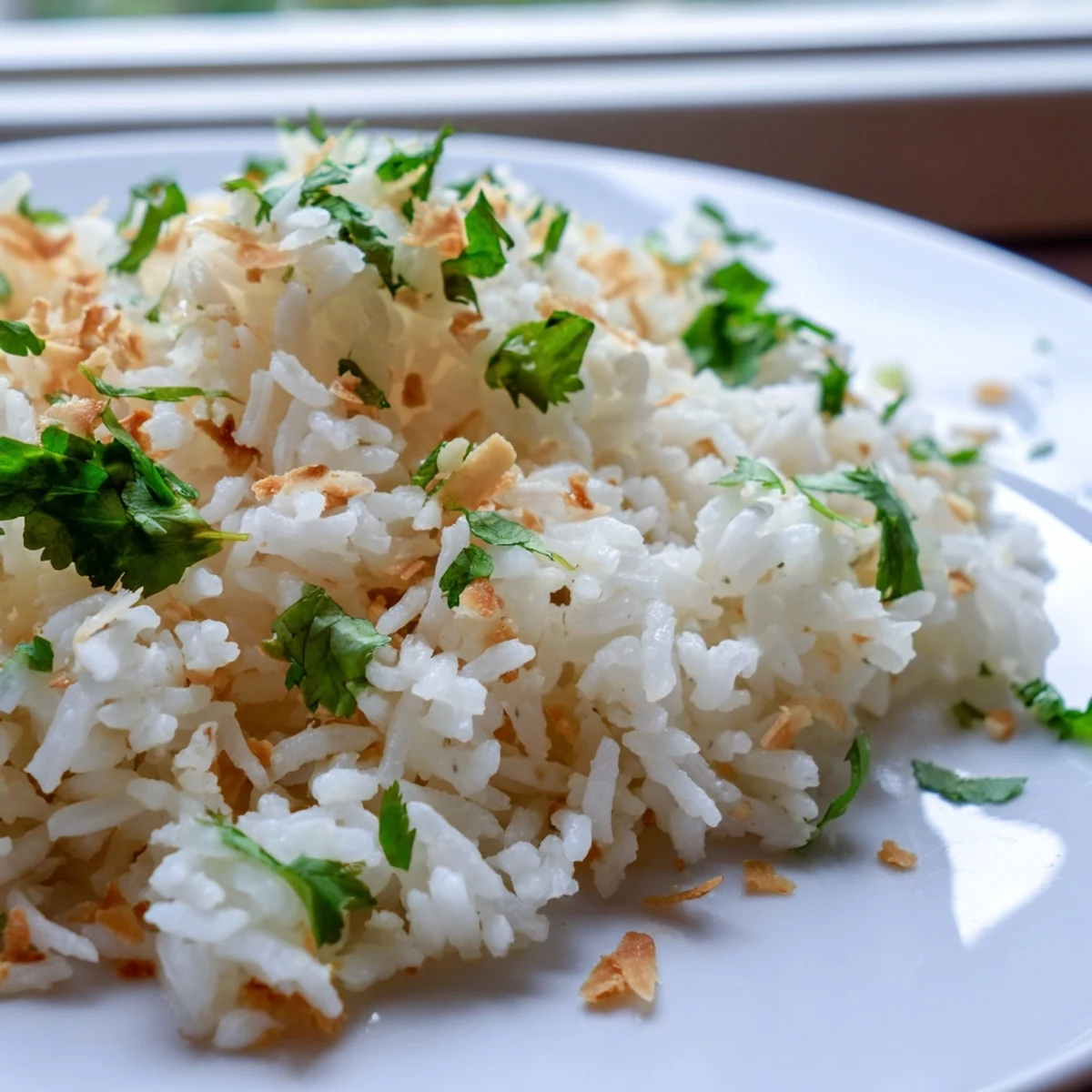 Creamy coconut rice steamed in rich coconut milk, garnished with fresh cilantro