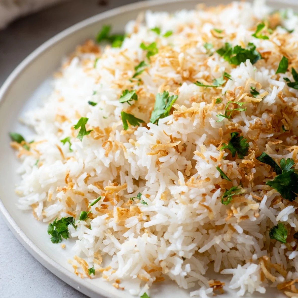 Steaming bowl of coconut rice topped with toasted shredded coconut and fragrant herbs