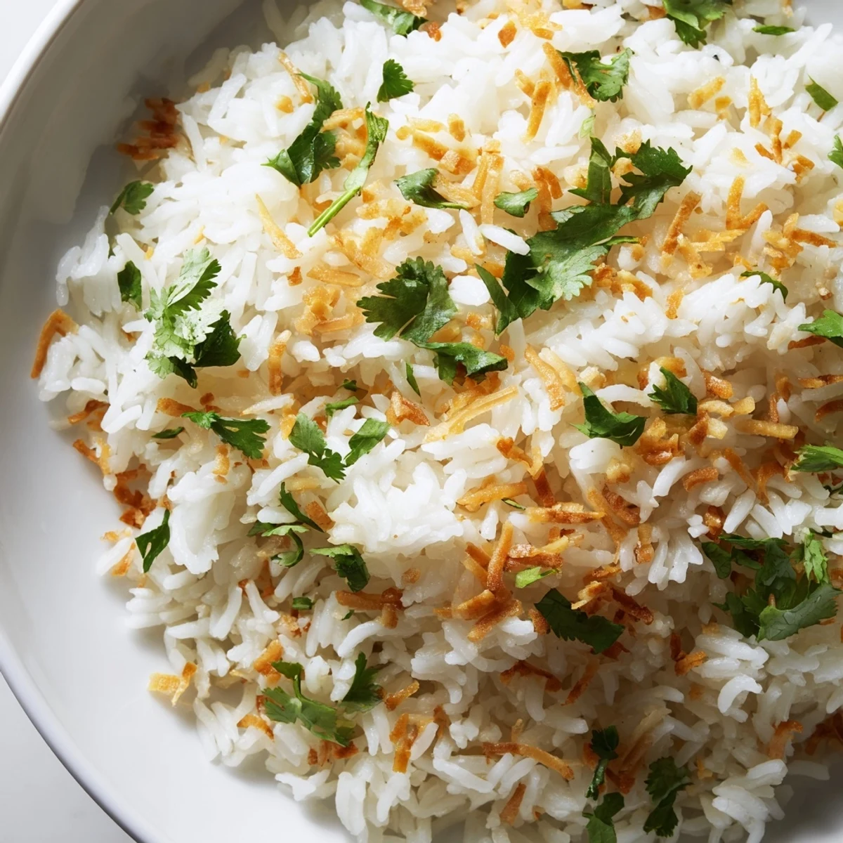 Fluffy coconut rice served alongside a vibrant Thai curry in a white bowl