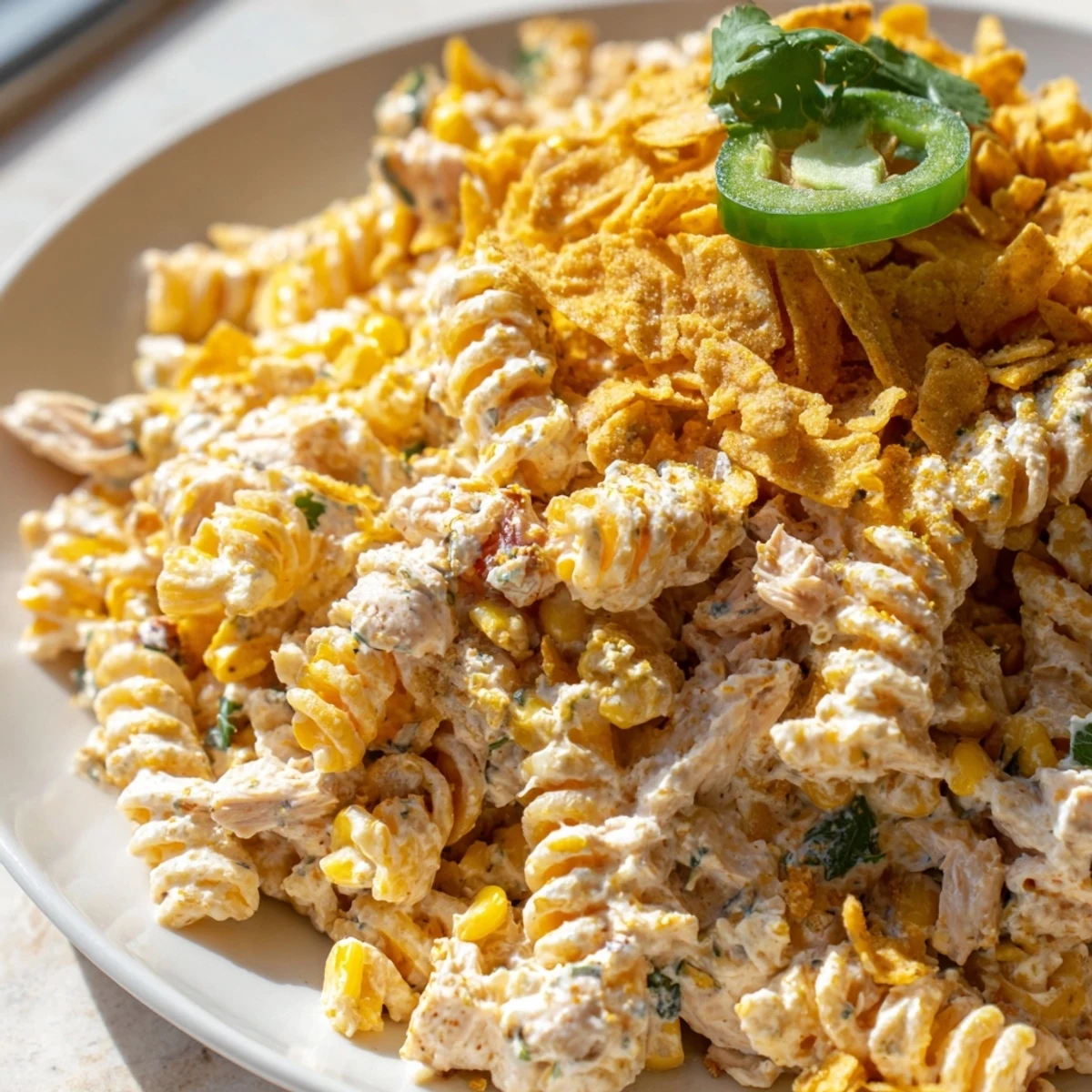 Creamy elote style Mexican street corn chicken pasta salad in a rustic serving bowl