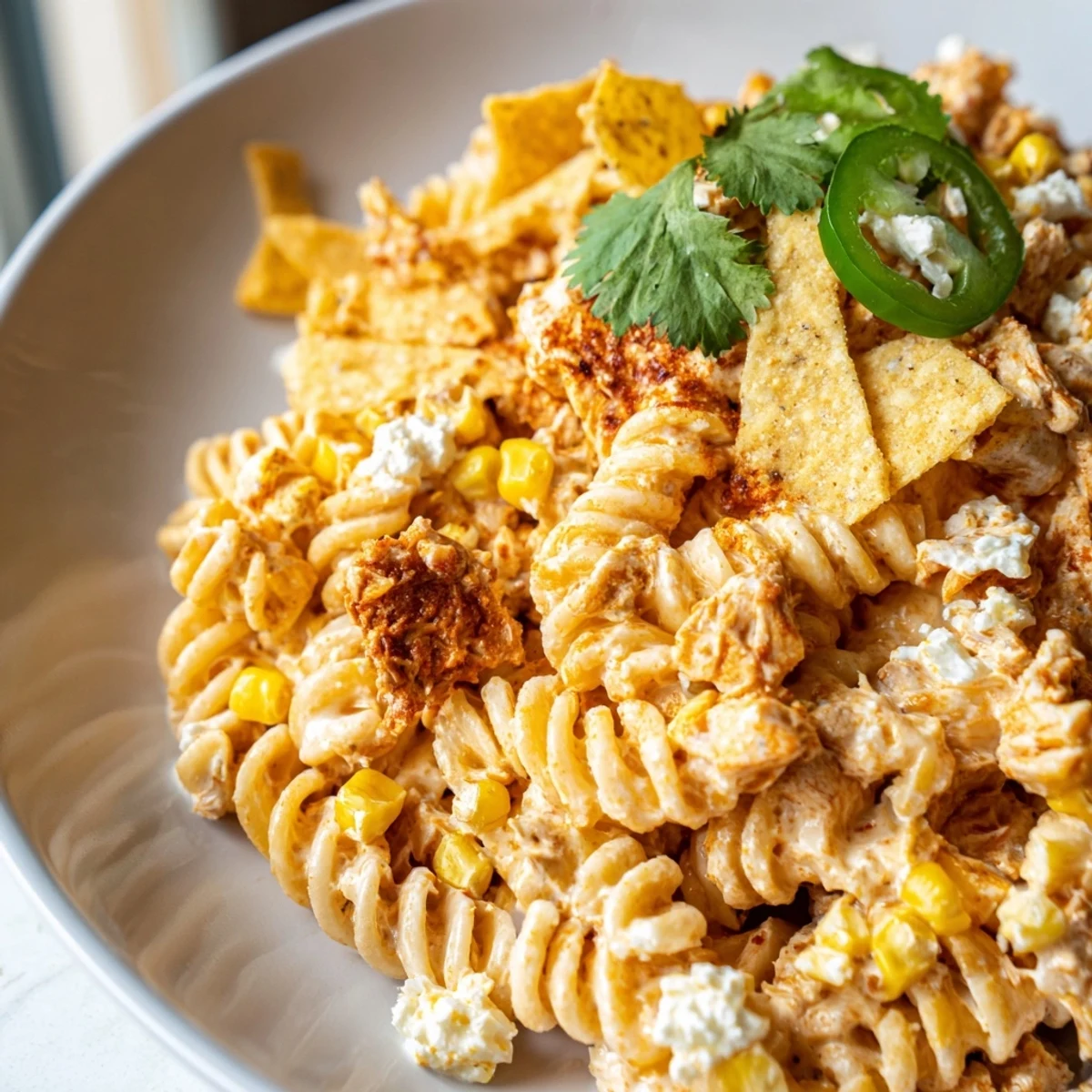 Golden charred corn and tender chicken tossed in creamy elote style pasta salad
