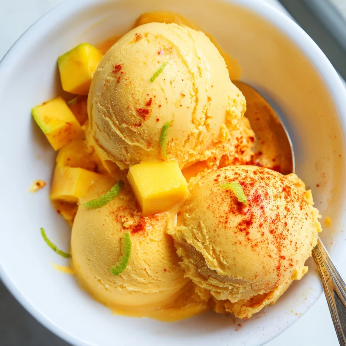 Creamy chili lime mango sorbet scooped into bowls with fresh lime wedges on a sunny patio