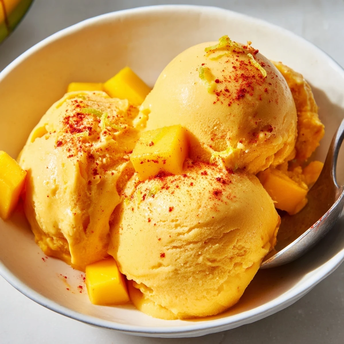 Smooth golden scoops of creamy chili lime mango sorbet drizzled with coconut cream and garnished with mint