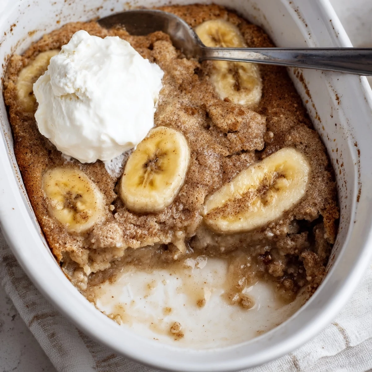Golden brown Southern banana cobbler recipe bubbling with sweet fruit filling beneath a buttery crust.