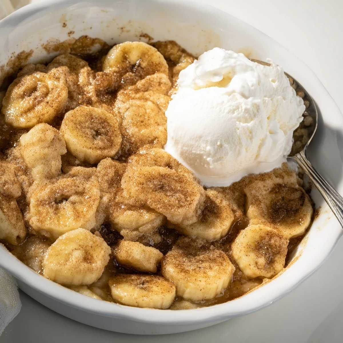 Warm homemade Southern banana cobbler recipe topped with melting vanilla ice cream for a rich treat.
