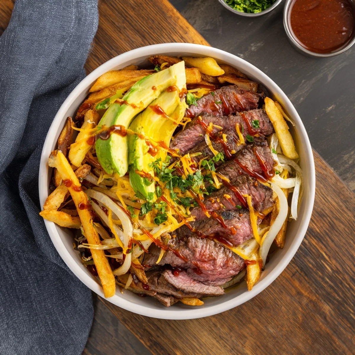 Golden fries topped with seared sirloin steak strips, fresh greens, and zesty sauce.