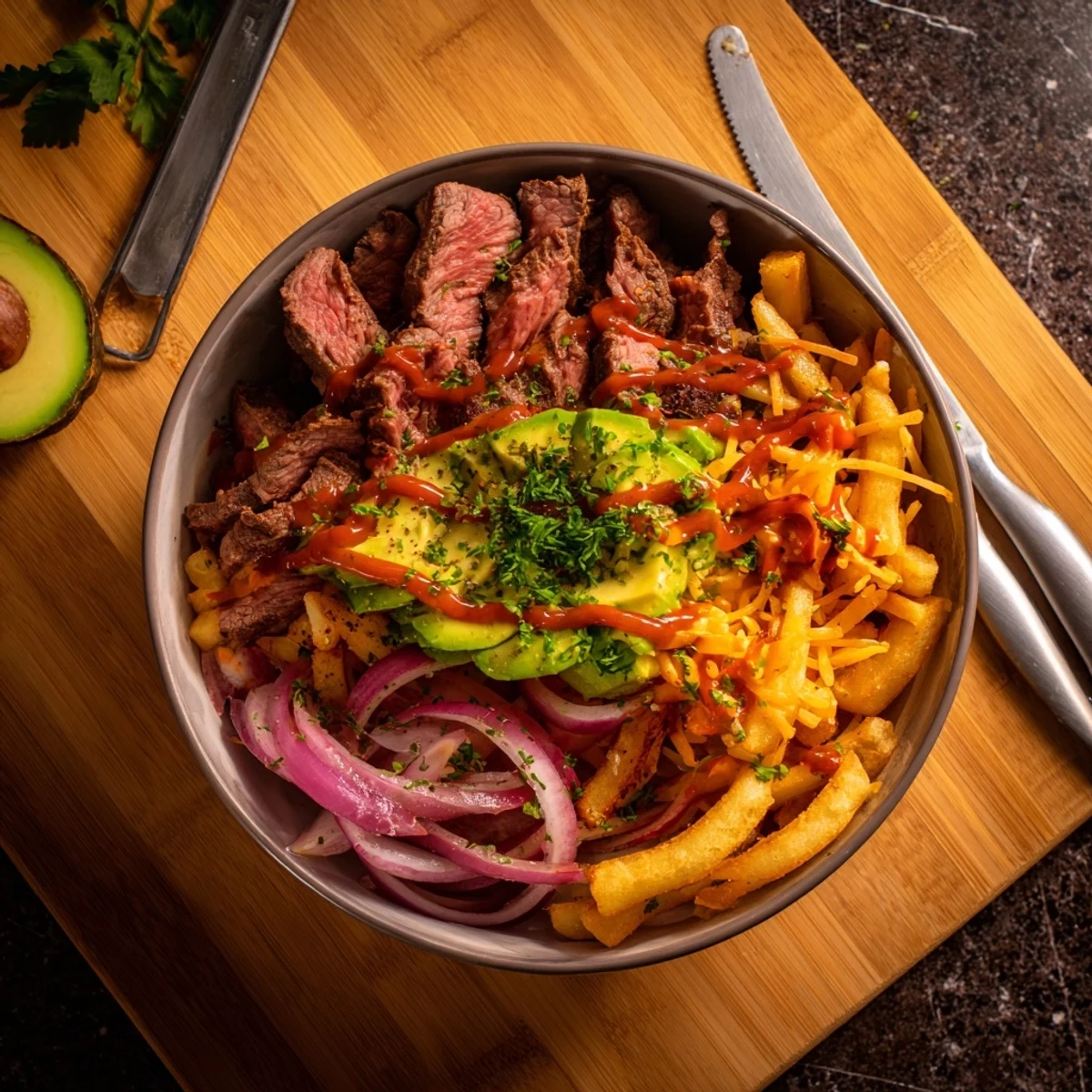 Hearty steak strips and crispy fries bowl loaded with fresh vegetables and cheddar.