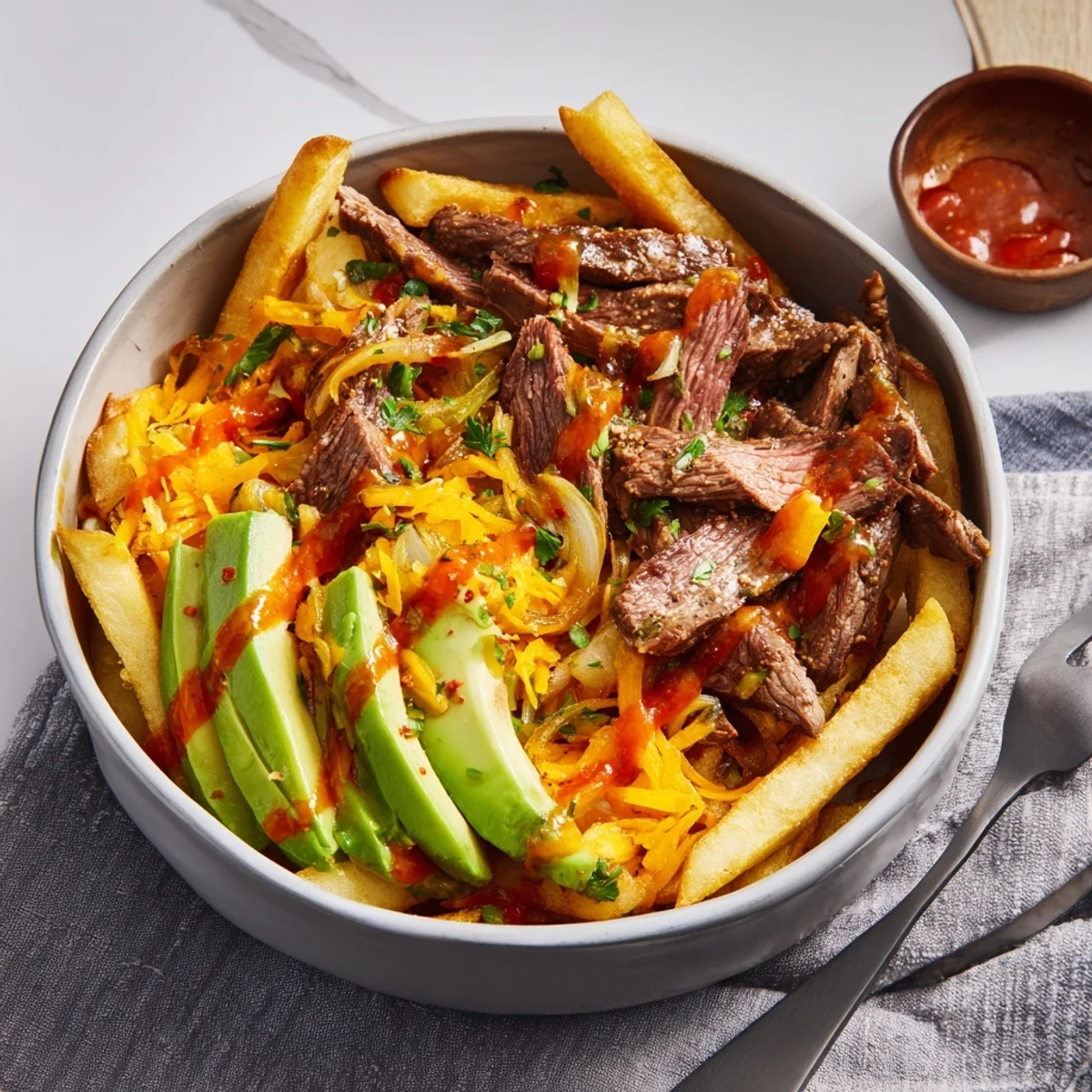 Savory steak strips over fries with creamy sauce, avocado, and parsley garnish.