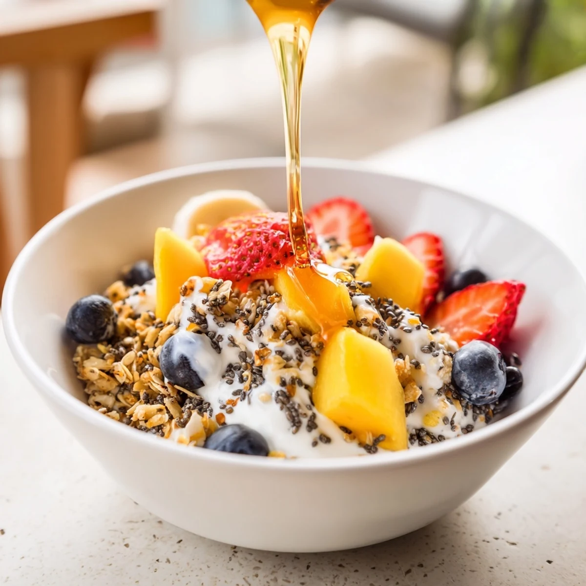 Creamy Greek yogurt bowl topped with fresh strawberries, blueberries, mango, banana, and granola in this vibrant yogurt fruit bowl recipe.  