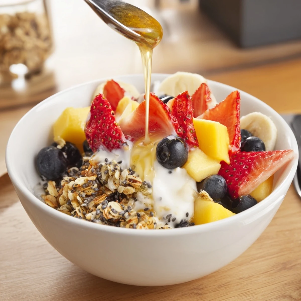 Delicious yogurt fruit bowl recipe featuring layered fruit, crunchy seeds, and a sweet honey drizzle for a refreshing breakfast.  