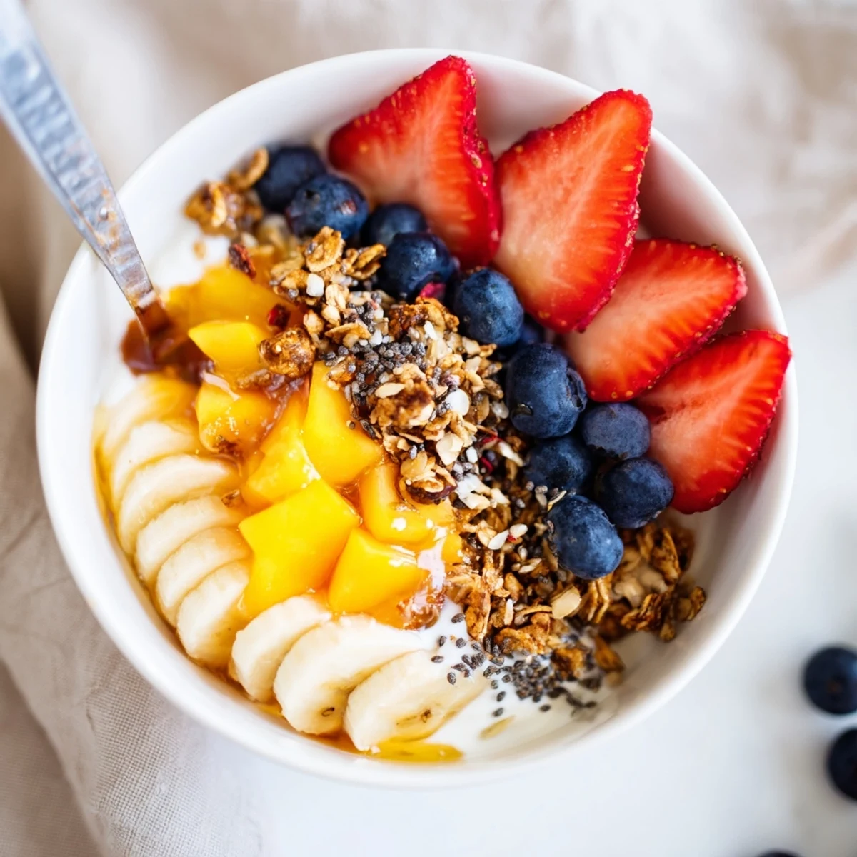 Colorful yogurt fruit bowl recipe packed with tropical mango, juicy berries, and crunchy granola for a healthy, gluten-free snack.