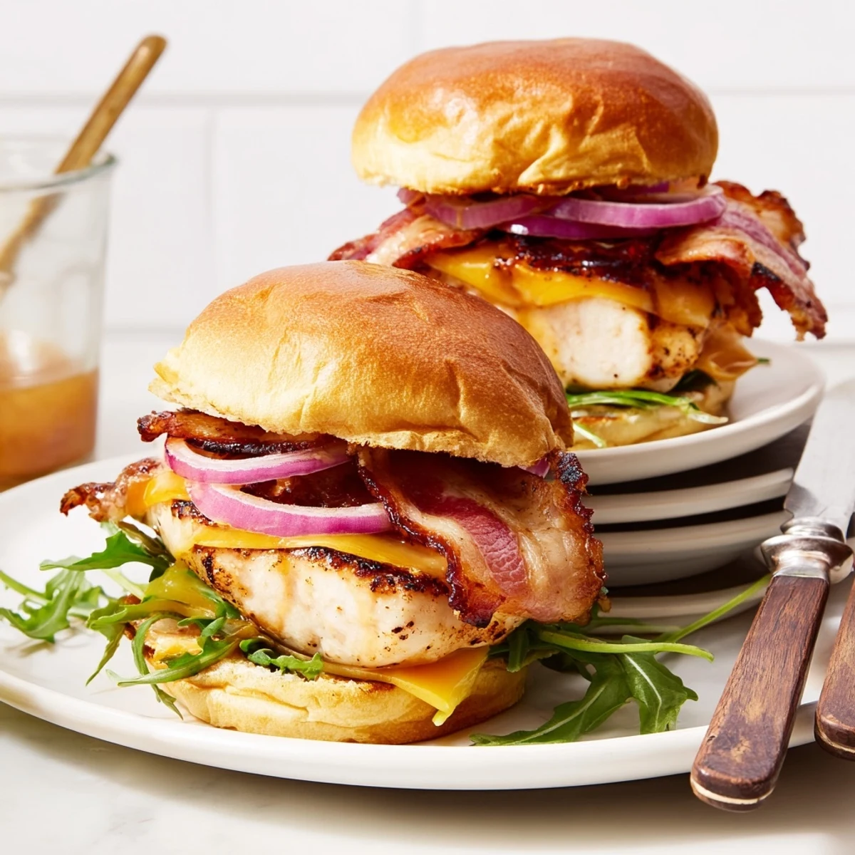 Close-up of Maple Chicken Bacon Sliders stacked with fresh arugula and melted cheddar cheese.