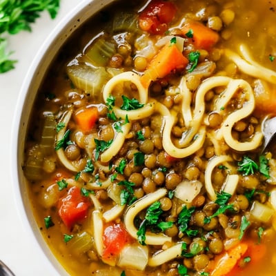 Hearty vegetarian Lentil Noodle Soup served warm in a rustic ceramic bowl with crusty bread. 