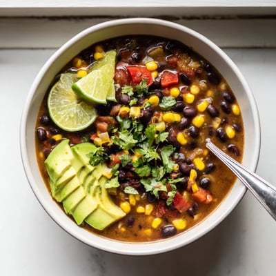 Black Bean Corn Chili Lime Delight simmering in a pot with steam rising above.