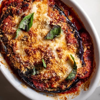 Savory Charred Aubergine Parmigiana layers smoky eggplant, rich tomato sauce, and tangy Parmesan on a plate.