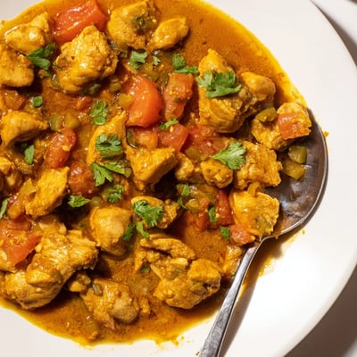 A close-up of Spiced Chicken Curry with Ginger, Garlic & Jalapeño featuring tender chicken pieces coated in a rich, aromatic orange-red sauce.