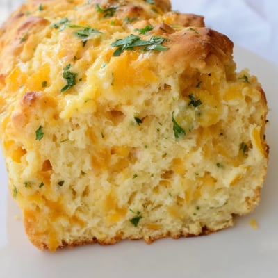 Sliced piece of Red Lobsters Cheddar Bay Biscuit Loaf showing fluffy interior and melted cheddar chunks.