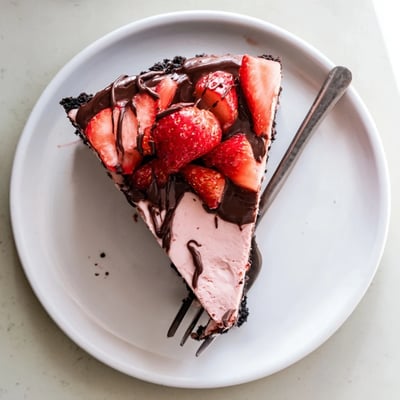 Chocolate Covered Strawberry Cheesecake topped with glossy ganache and ripe strawberries on a marble counter.