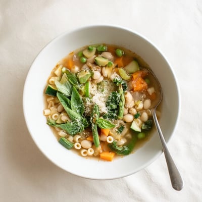 Golden Parmigiano Reggiano sprinkled over a hearty spring minestrone soup recipe with wilted spinach.
