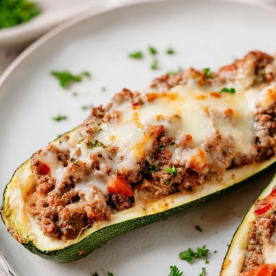 Tender zucchini halves filled with savory ground beef, fresh parsley, and bubbling Parmesan