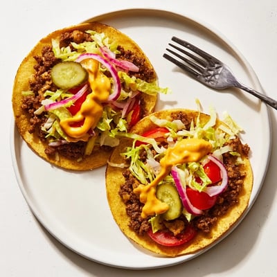 Juicy smash burger tacos recipe topped with fresh lettuce, tomato, and tangy burger sauce