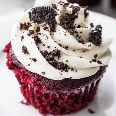 Rich red velvet Oreo cupcakes with swirls of tangy cream cheese frosting and cookie crumbs