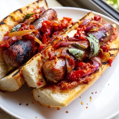 Crispy grilled sausages nestled in crusty rolls dripping with charred tomato sauce